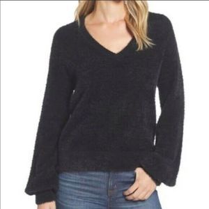 Halogen Black Fuzzy V-Neck Long Sleeve Sweater Size Small